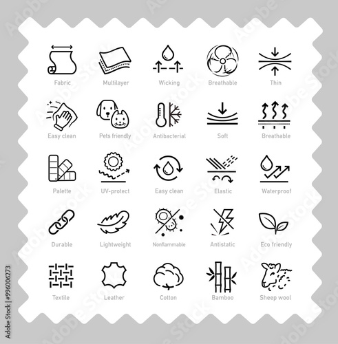 Set icons for functional fabric, clothing. The outline icons are well scalable and editable. Contrasting vector elements are good for different backgrounds. EPS10.	