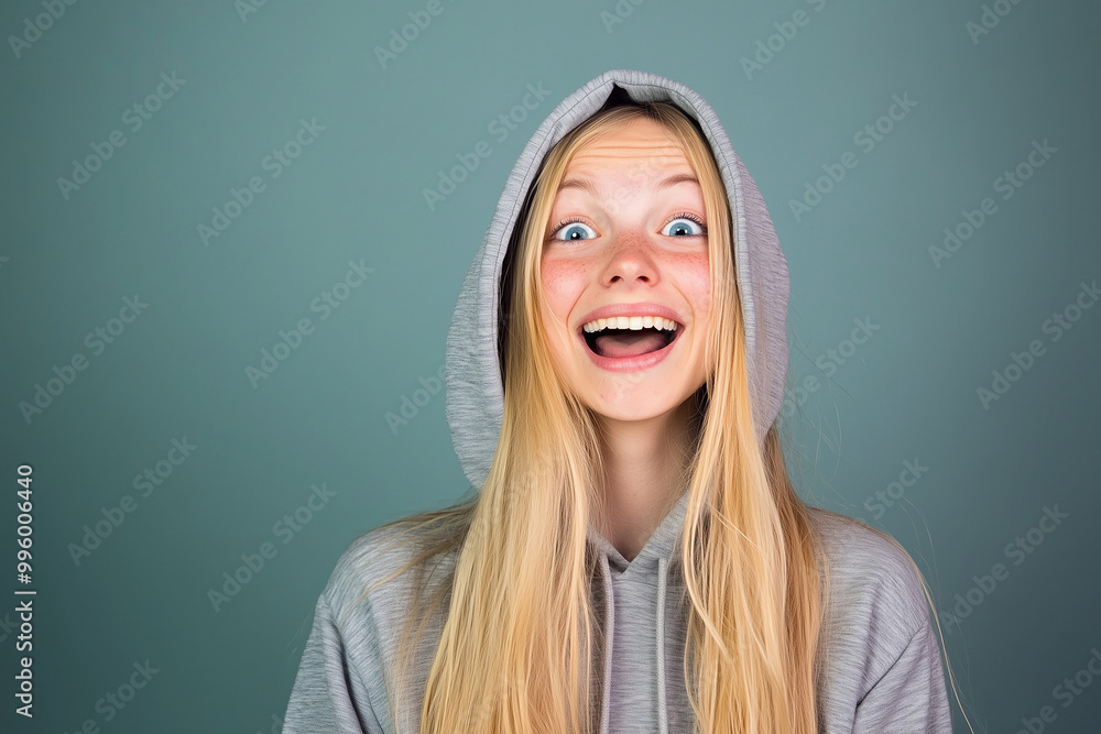 Blonde girl in hoodie with one emotion Blonde girl in hoodie with one emotion
