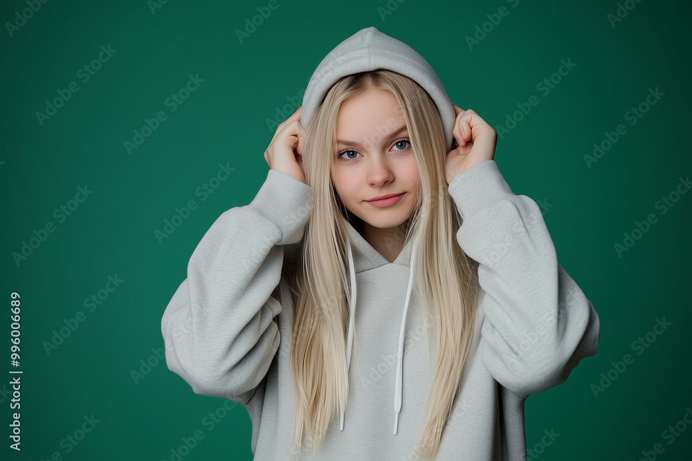 Blonde girl in hoodie with one emotion Blonde girl in hoodie with one emotion