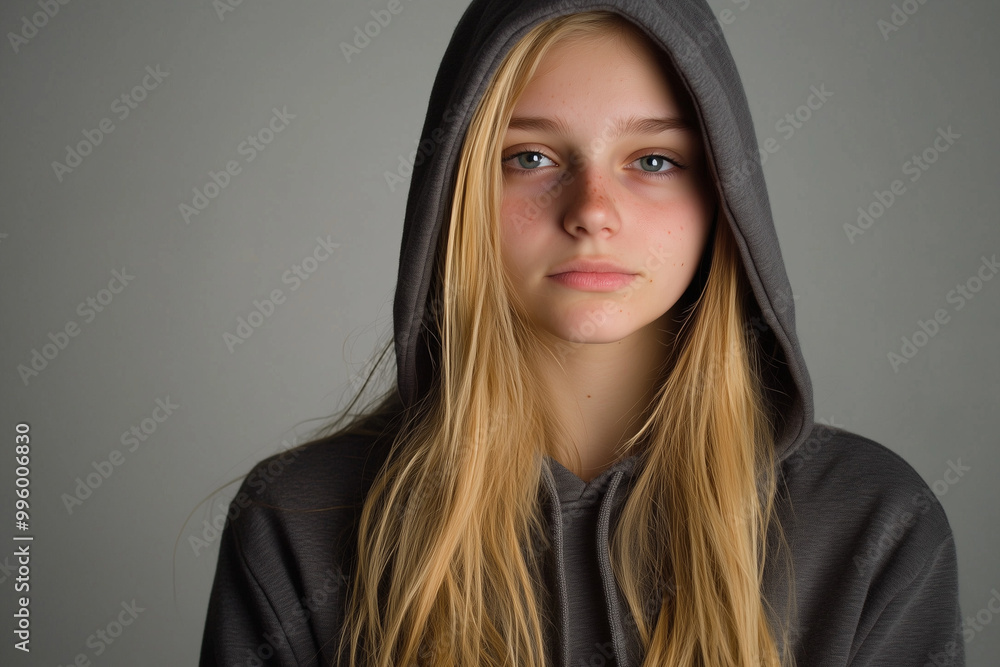 Fototapeta premium Blonde girl in hoodie with one emotion