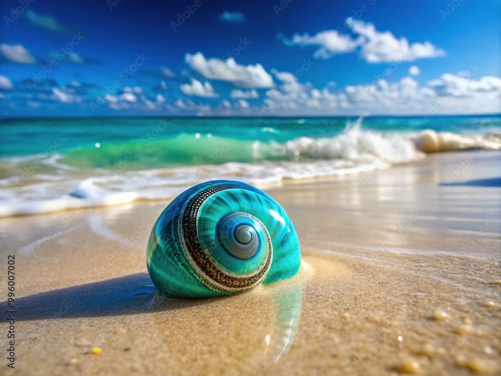 Obraz premium Vibrant turquoise shark's eye shell, with swirling patterns and glossy finish, rests on a bed of soft white sand, surrounded by ocean waves.
