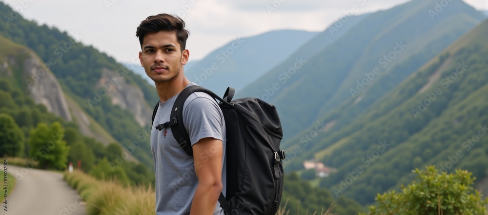 Naklejka premium Indian college student posed with travelbackpacking accessories for photography session