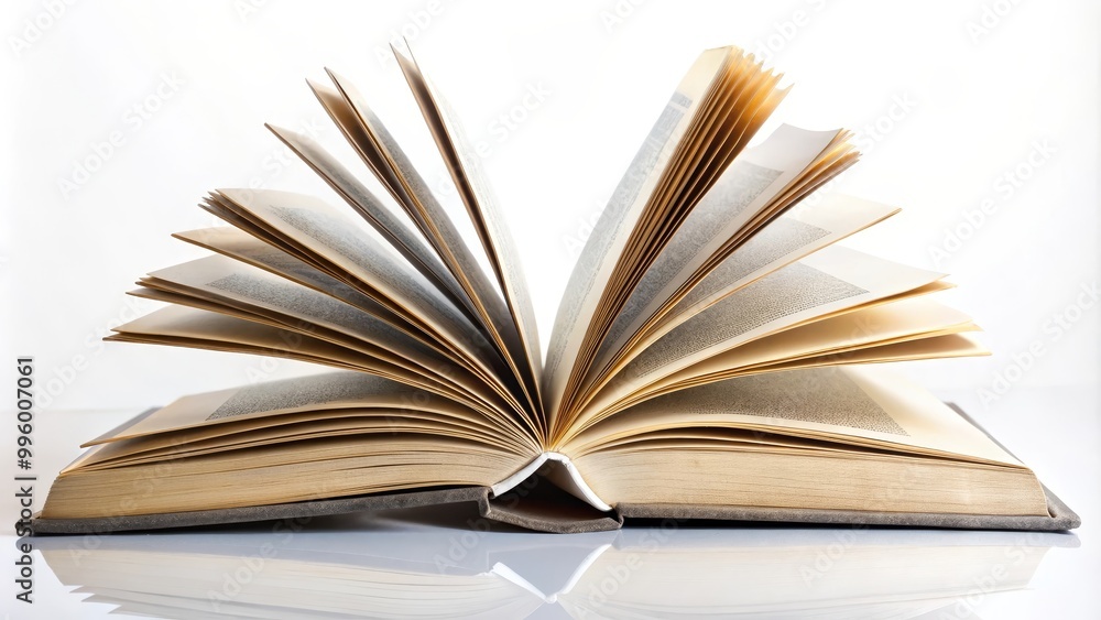 Naklejka premium Open book with yellowed pages is standing on a table, showing the spread pages