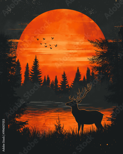 An Illustration Vintage Sunset Deer, Abstract painting of deer in sunset jungle photo