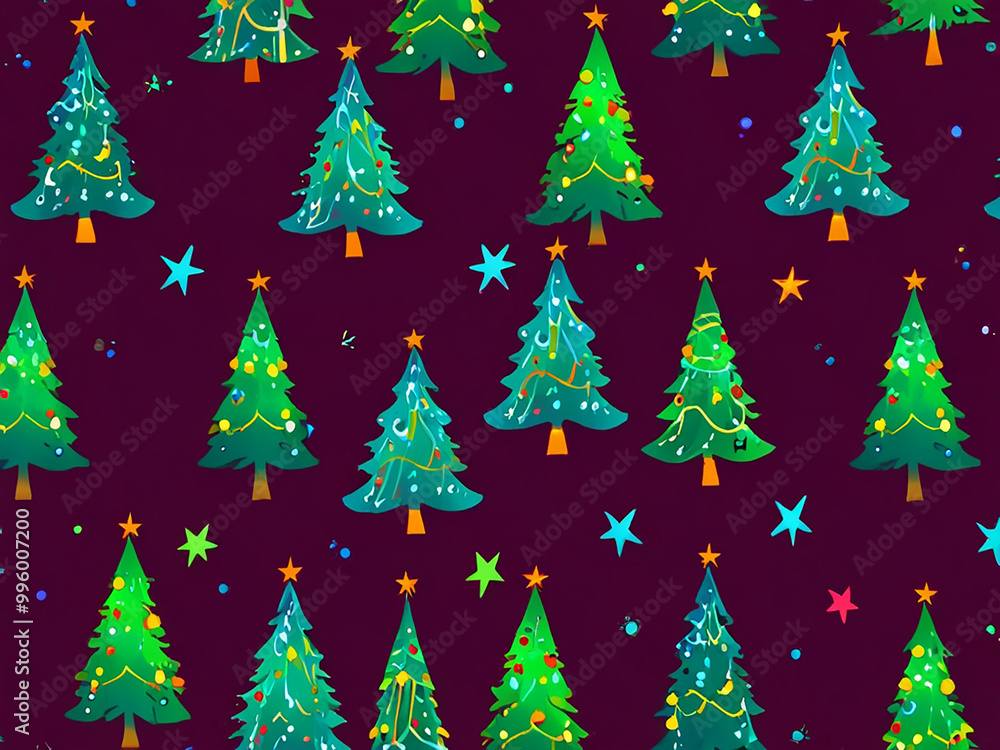 Seamless Christmas pattern featuring a bright green Christmas tree decorated with fairy lights and stars, on a dark purple background. Seamless Christmas pattern featuring a bright green Christmas tree decorated with fairy lights and stars, on a dark purple background.