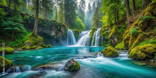 Vibrant turquoise water cascades over moss-covered rocks, surrounded by lush greenery, ancient trees, and misty atmosphere, plunging into a serene Spokanenight.