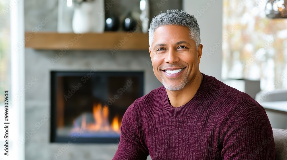 Smiling Mature Man Relaxing Indoors by Warm Fireplace Smiling Mature Man Relaxing Indoors by Warm Fireplace