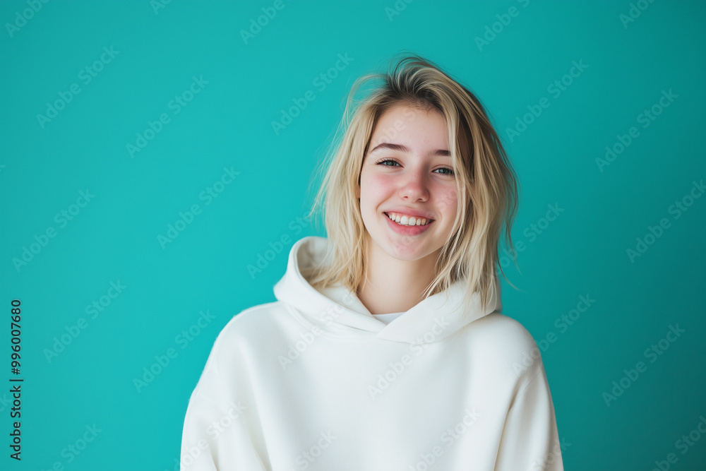 Blonde girl in hoodie with one emotion Blonde girl in hoodie with one emotion