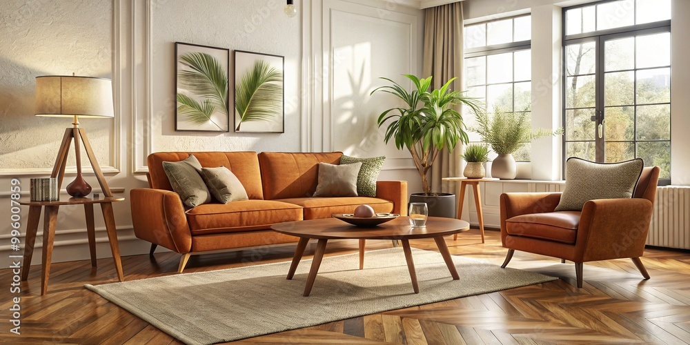 Warm, earthy tones and clean lines define a vintage chair and sofa arrangement, featuring organic shapes and subtle curves for a cozy living room with retro flair. Warm, earthy tones and clean lines define a vintage chair and sofa arrangement, featuring organic shapes and subtle curves for a cozy living room with retro flair.