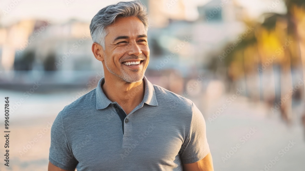 Smiling Mature Man Enjoying Sunny Beachside Walk Smiling Mature Man Enjoying Sunny Beachside Walk