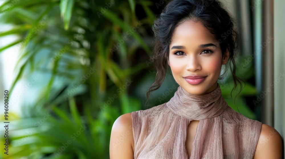 Radiant Young Woman with Elegant Updo Smiling Outdoors Radiant Young Woman with Elegant Updo Smiling Outdoors