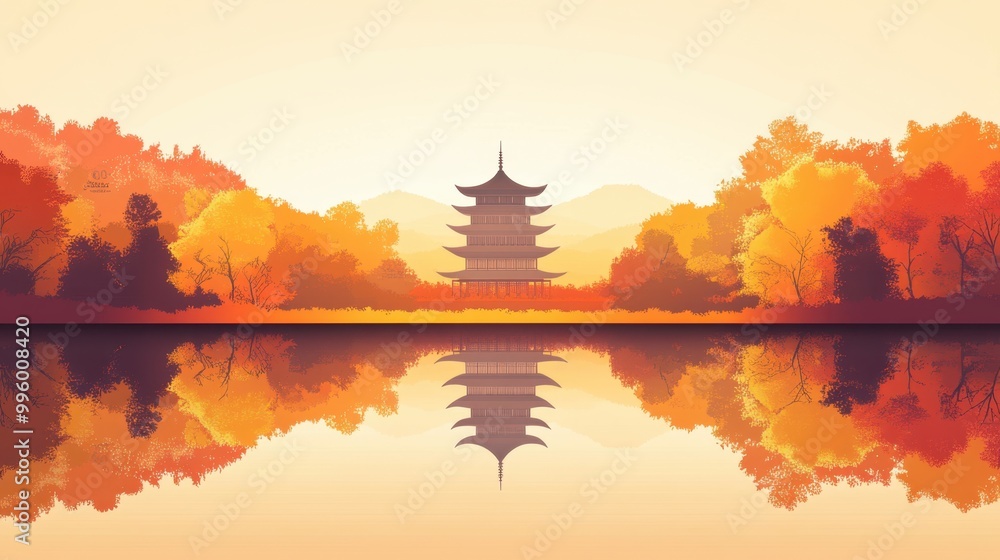Obraz premium Tranquil Autumn Pagoda Reflection in Serene Lake at Sunset