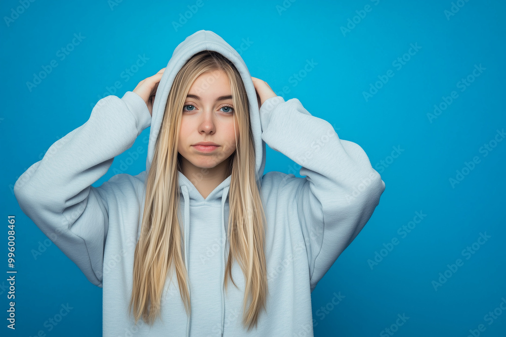Blonde girl in hoodie with one emotion Blonde girl in hoodie with one emotion