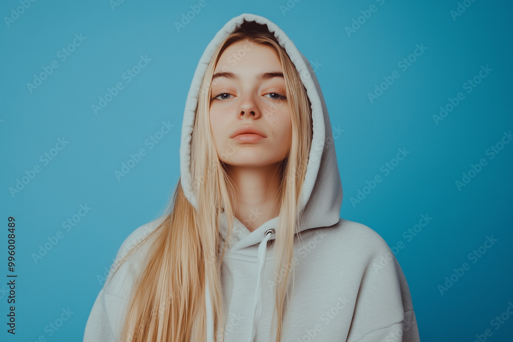 Blonde girl in hoodie with one emotion Blonde girl in hoodie with one emotion