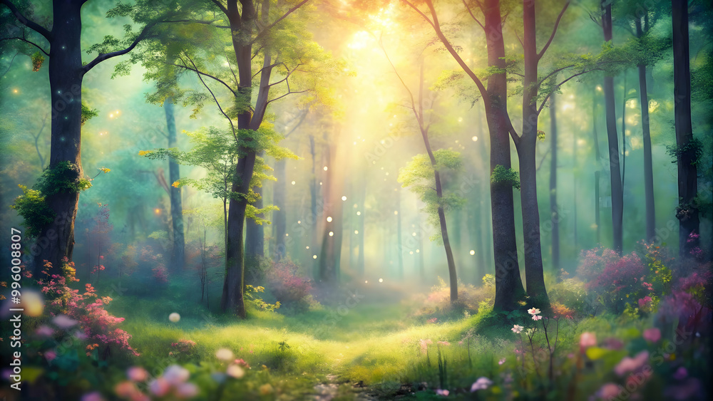Obraz premium Soft and dreamy image of a lush forest with pastel colors and slightly blurred edges, Natural scenery, forest, plants, trees