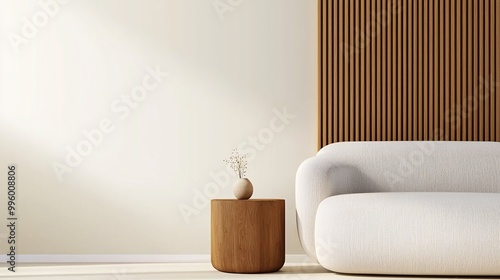 Minimalist living room featuring a neutral sofa, round wooden side table with a small vase, and a wooden slatted accent wall, creating a clean and serene space with natural light.