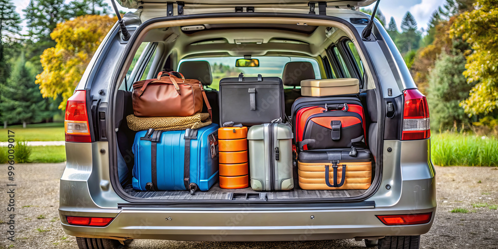 The trunk of a car is filled with various bags and suitcases, indicating preparation for a family road trip surrounded by lush trees and a clear sky, perfect for adventure The trunk of a car is filled with various bags and suitcases, indicating preparation for a family road trip surrounded by lush trees and a clear sky, perfect for adventure