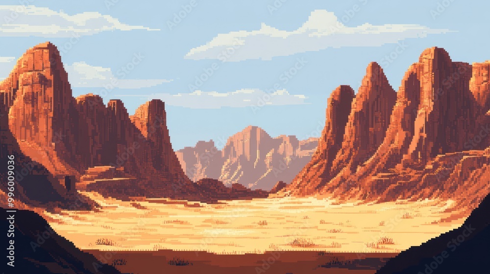 Naklejka premium Pixelated Desert Landscape with Tall Red Rock Formations