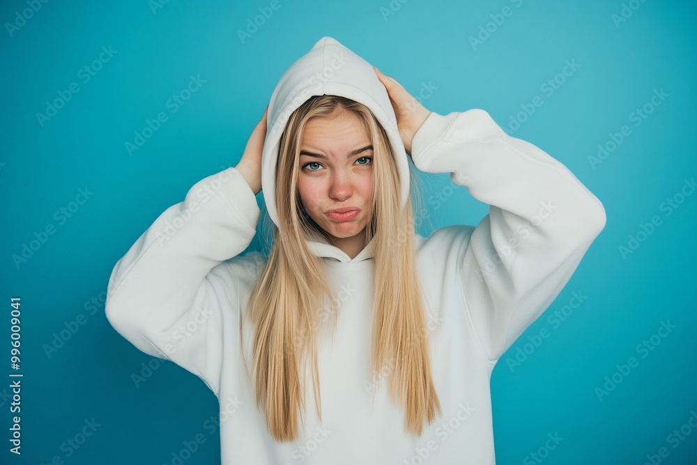 Blonde girl in hoodie with one emotion Blonde girl in hoodie with one emotion