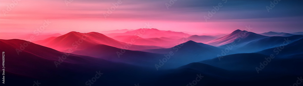 Fototapeta premium 3D Digital Illustration of a Serene Mountain Range Bathed in a Pink and Blue Sunset Glow