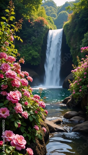 Stunningly rendered paradise landscape showcases an idealized magical garden filled with waterfalls flora and vibrant blossoms Edenic Paradise photo