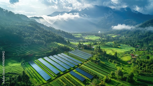 High-angle view of solar-powered farms, blending high-tech and nature, vibrant green fields below, innovative rural life