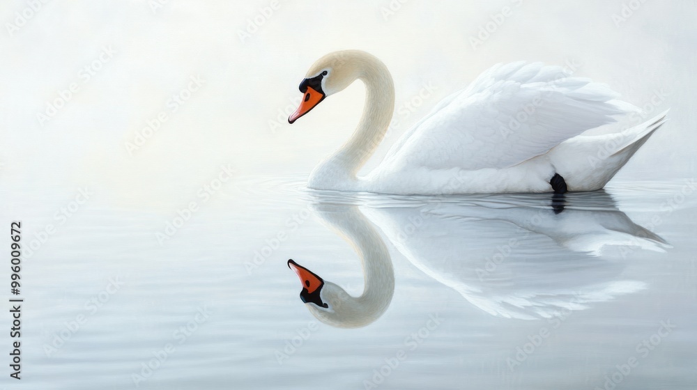 Fototapeta premium A White Swan Gracefully Gliding on Serene Water