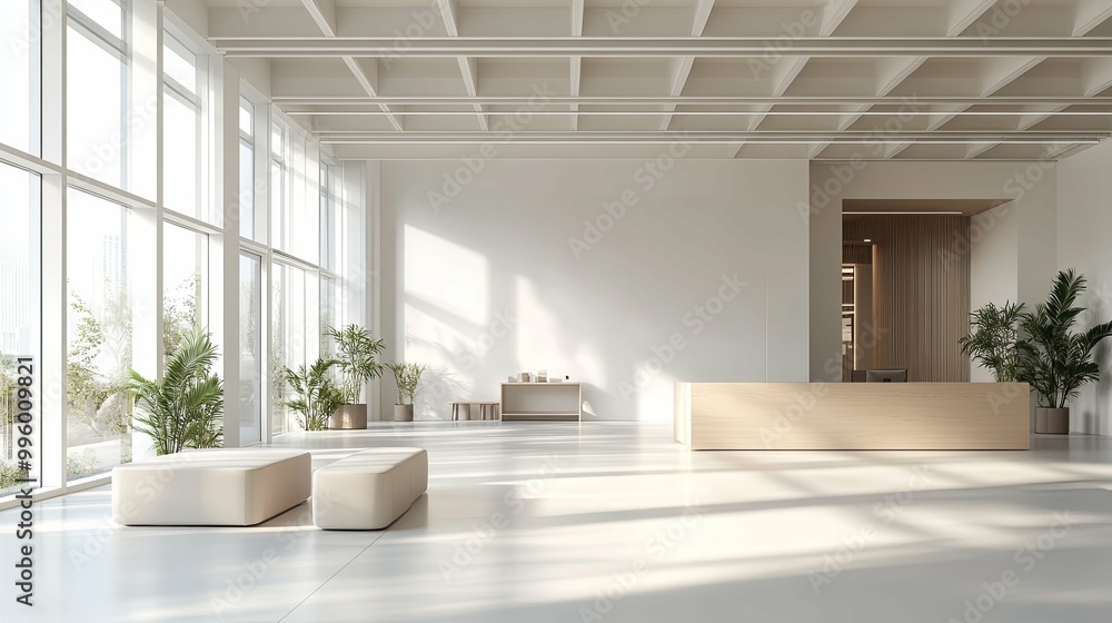 Fototapeta premium Minimalist Lobby Interior with Wooden Reception Desk and Sunlight Streaming Through Large Windows