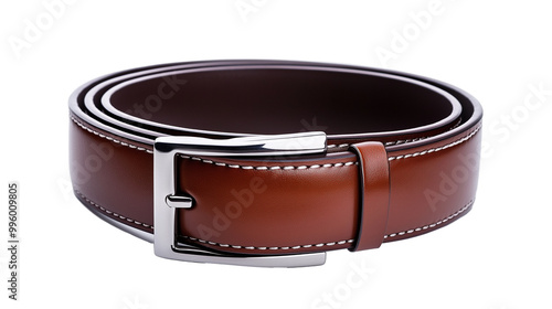 Leather belt with silver buckle isolated on transparent background photo