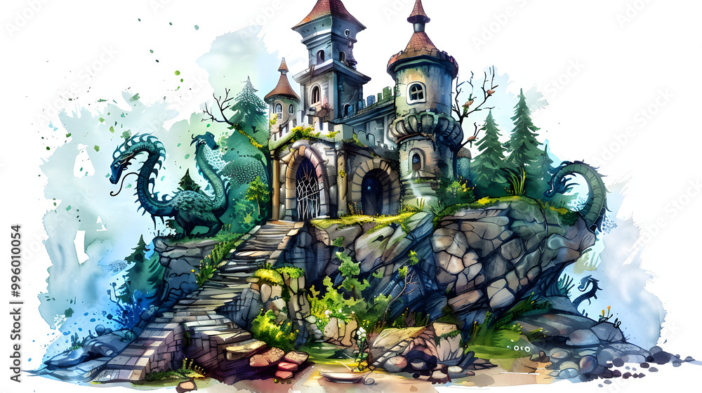 Dragons building fantasy Watercolor Dragons building fantasy Watercolor