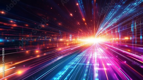 Abstract global data transfer background with glowing grids and flowing lines, representing ultra-fast broadband speed.