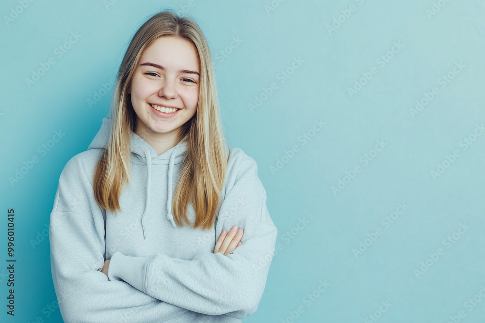 Blonde girl in hoodie with one emotion Blonde girl in hoodie with one emotion