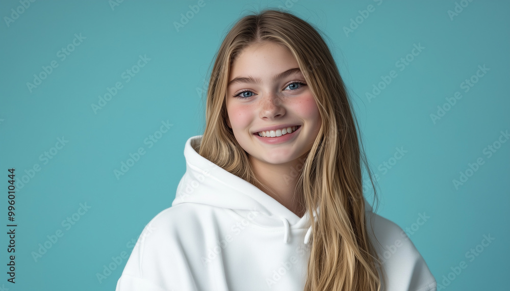 Blonde girl in hoodie with one emotion Blonde girl in hoodie with one emotion