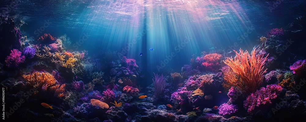 Fototapeta premium Low-angle view of vibrant coral reefs illuminated by bioluminescent sea creatures, showcasing underwater conservation, surreal lighting effects