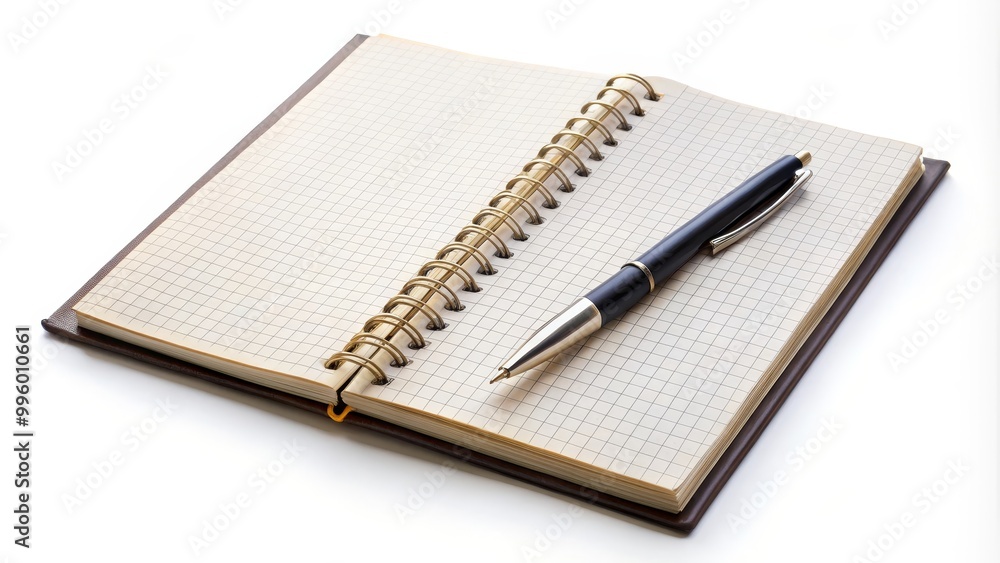 Open spiral notepad with blank checked pages and a pen resting on top Open spiral notepad with blank checked pages and a pen resting on top