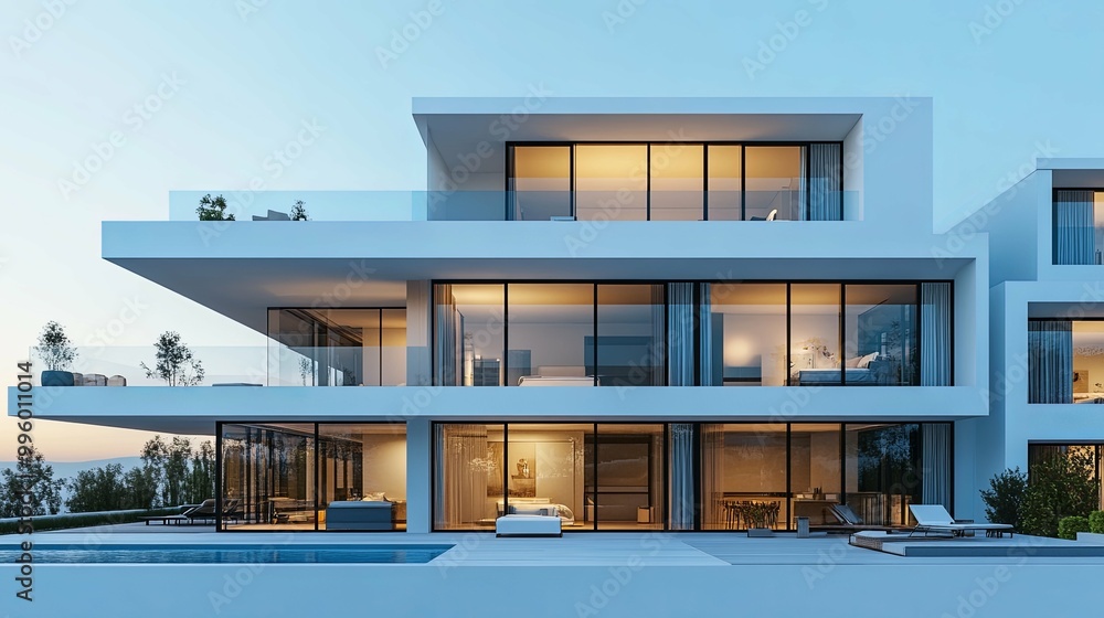 Modern White Villa with Swimming Pool and Evening Lighting Modern White Villa with Swimming Pool and Evening Lighting
