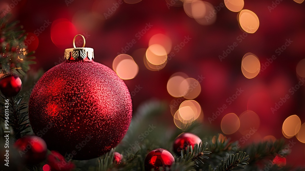 Bright red ornament hangs on a green Christmas tree with warm bokeh lights Bright red ornament hangs on a green Christmas tree with warm bokeh lights