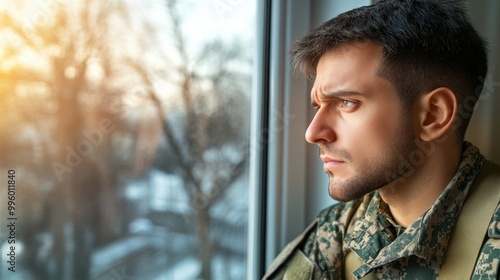 Pensive Soldier in Uniform Gazing Through Window at Sunset