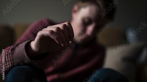 Person sitting alone, holding a small object, intently focused with a tense expression, symbolizing addictive habits and personal struggle, isolated figure in introspective moment.