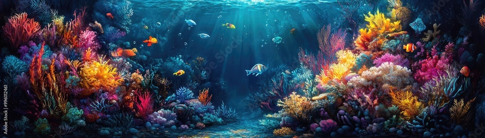 Fototapeta premium Side view of a vibrant underwater kitchen, whimsical sea creatures cooking, colorful coral utensils