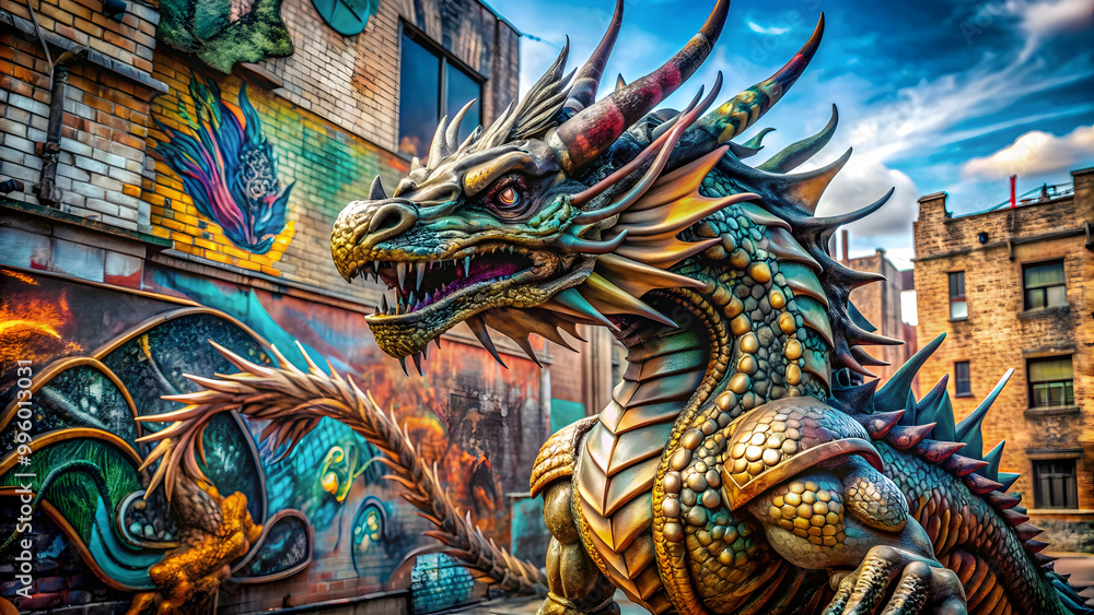 Fototapeta premium Intricate fantasy dragon sculpture surrounded by urban graffiti on a sunny day, fantasy, dragon, sculpture, urban, graffiti