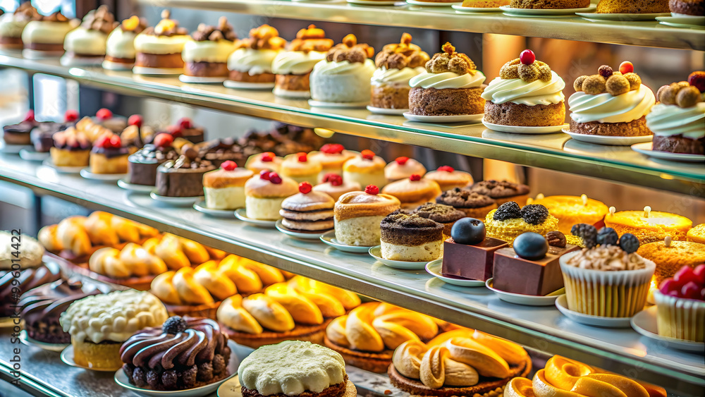 Variety of delicious desserts on display at a bakery , sweets, pastries, cakes, tarts, cupcakes, confections Variety of delicious desserts on display at a bakery , sweets, pastries, cakes, tarts, cupcakes, confections
