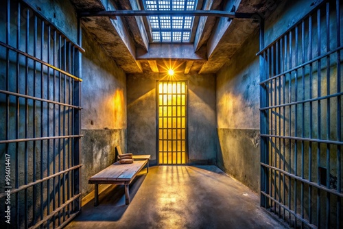 Wallpaper Mural Within a shadowy cell, iron bars cast cold shadows on concrete walls, amplifying a profound sense of isolation and confinement that suffocates the spirit. Torontodigital.ca