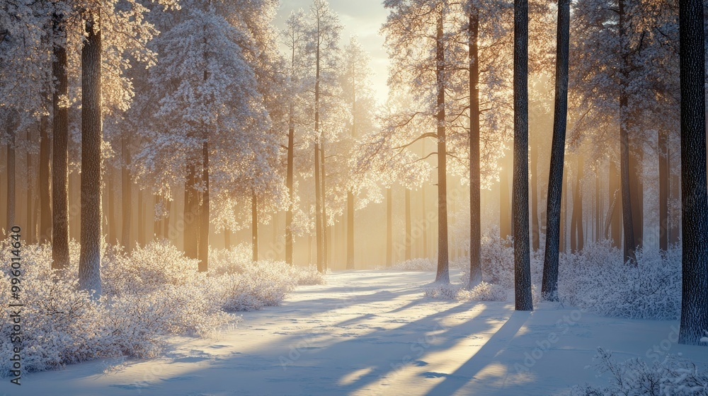 A peaceful frozen forest with towering trees covered in frost, the light of the early morning sun casting long shadows on the snow. A peaceful frozen forest with towering trees covered in frost, the light of the early morning sun casting long shadows on the snow.