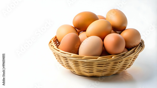 Basket of eggs on white background, eggs, basket, organic, farming, fragile, fresh, white, isolated, container, food