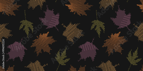 Autumn pixel leaves seamless pattern. Vector illustration of embroidery effect foliage. Stitched fall season repeated ornament. Design for textile, fabric, wallpaper, cover, packaging.