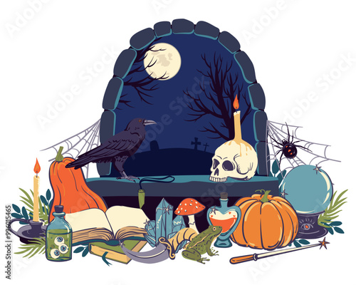 Composition with magic items against the background of a night cemetery landscape. Witchcraft items, grimoire, potion, elixir, skull, magic ball. Familiars for the sorcerer. Vector for Halloween.