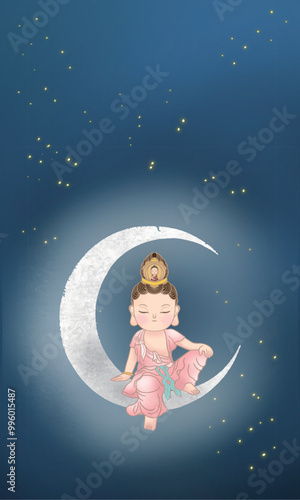 buddha, bodhisattva, portrait, cute, avalokitesvara, moon, sky, night, avalokitesvara, buddhism, god, illustration,