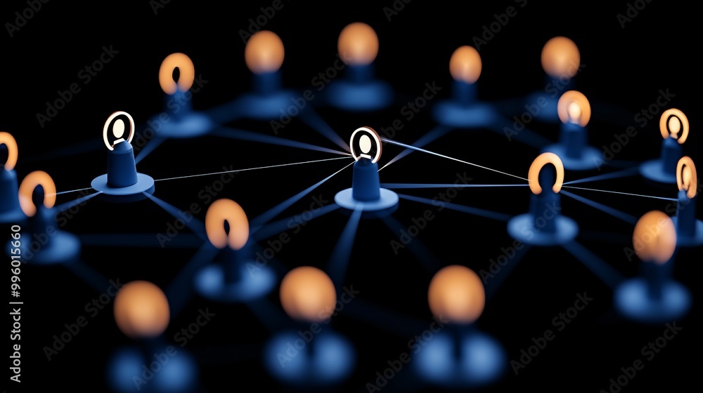 Human icons with connected lines and glowing symbols, illustrating a meeting of minds focused on a shared vision. Human icons with connected lines and glowing symbols, illustrating a meeting of minds focused on a shared vision.