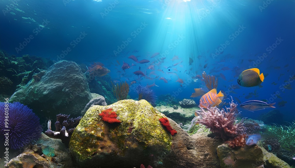 Fototapeta premium Photo of underwater ocean with stones and colorful marine life; eyes to earth; wildlife 
